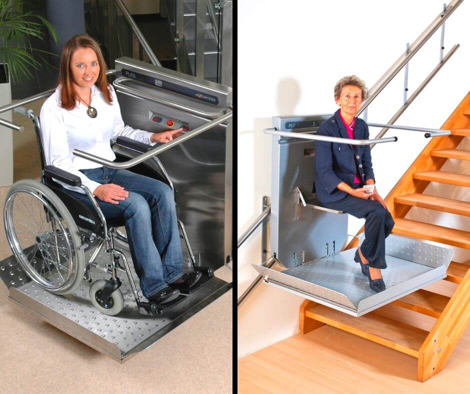 Platforma schodowa może być wyposażona w dodatkowe krzesełko do przewożenia osób starszych.